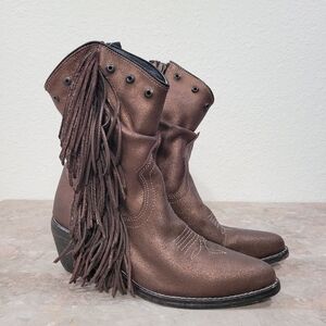Kavelina Lokki Western Boots Bronze Metallic Fringe Leather Side Zip US 7 Rodeo
